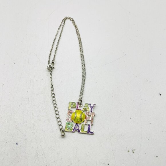 Play Softball Pendant Necklace Silver Tone Chain Glitter Letters Yellow Smiley - Picture 2 of 7